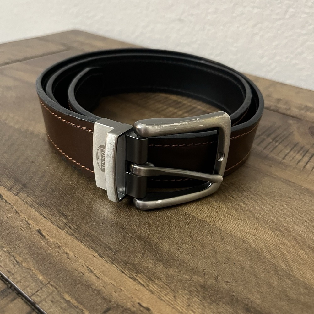 FOSSIL Belt Men's  36 Brown Burnished Brown Leather Brushed‎ Silver Buckle
